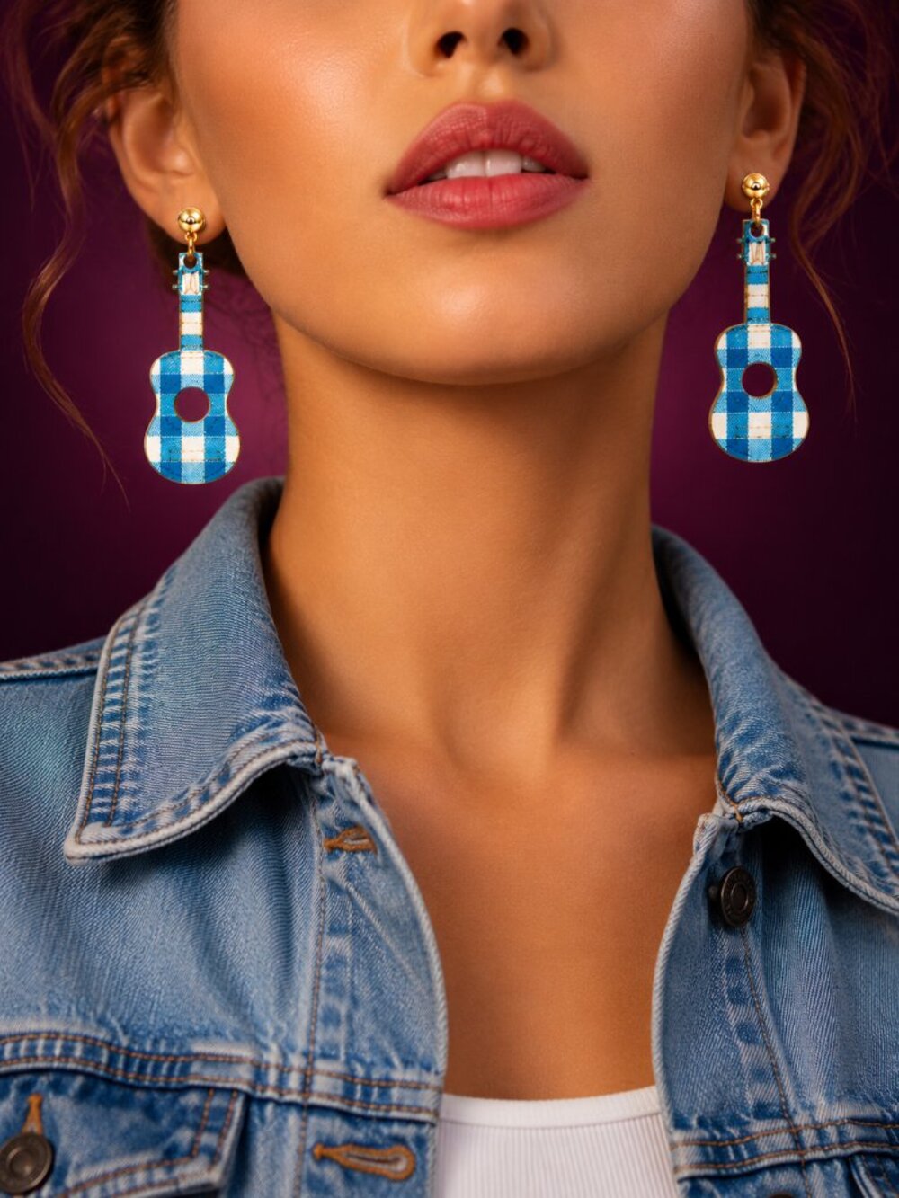 Earrings - Vintage Style Wood Guitar Dangle Drop Stud  - Blue White Plaid - Picture 6 of 6